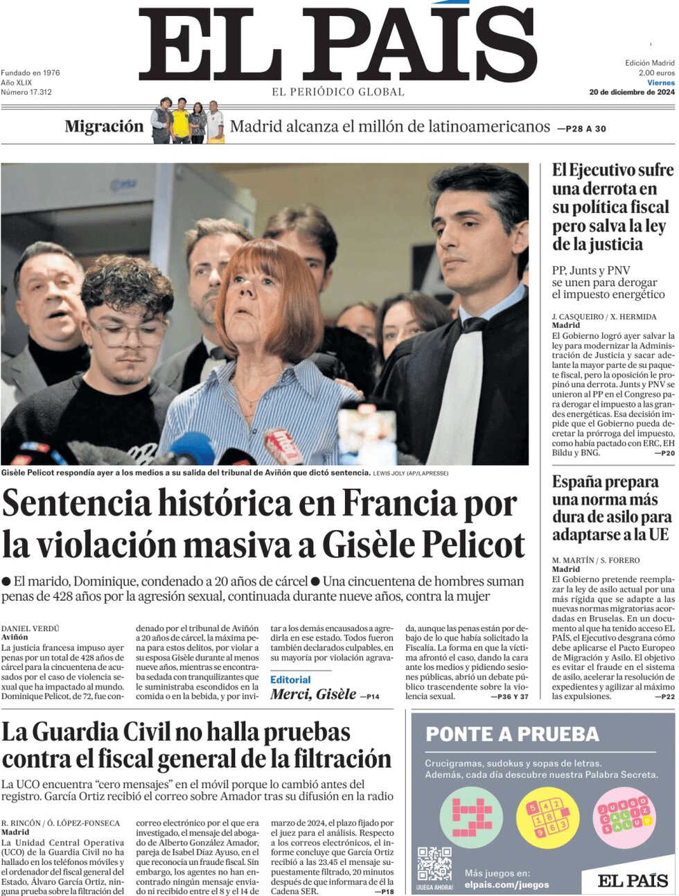 el pais front page 20/12/2024