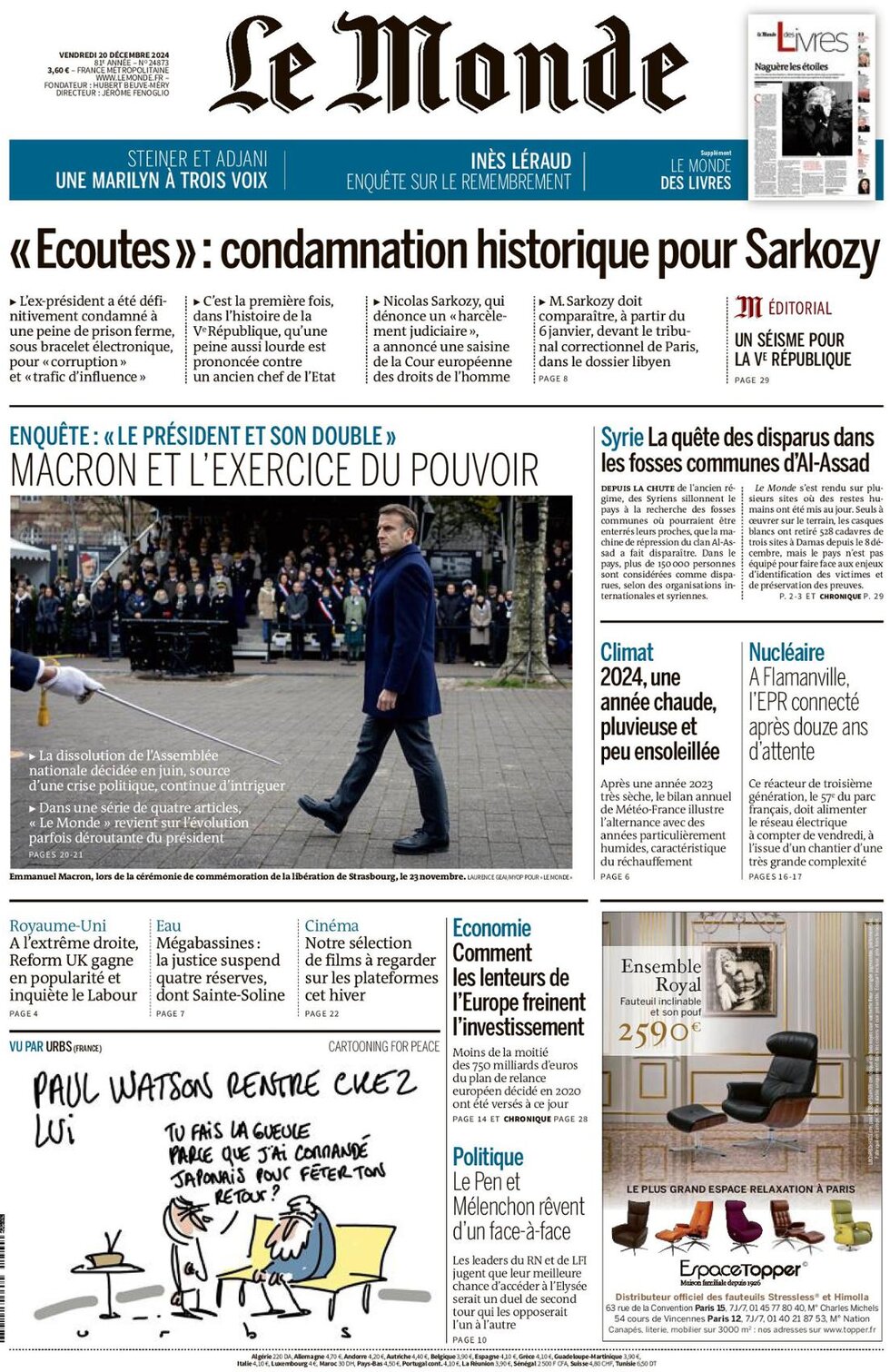 le monde front page 20/12/2024