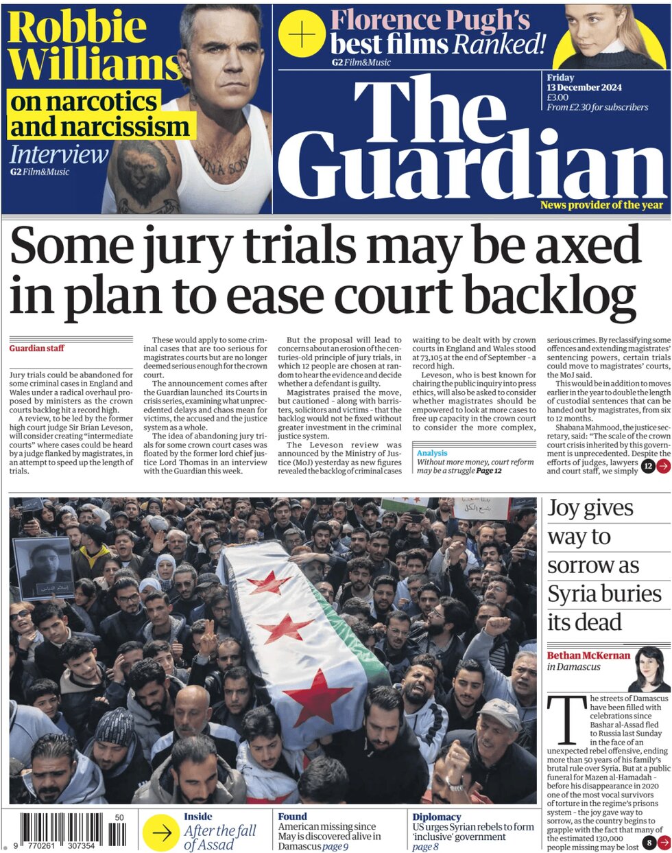 the guardian front page 13/12/2024