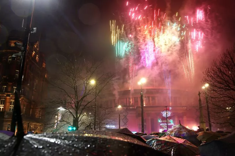 A very wet and windy New Years Eve in St Peters Square , Manchester City Centre . 01 January 2025