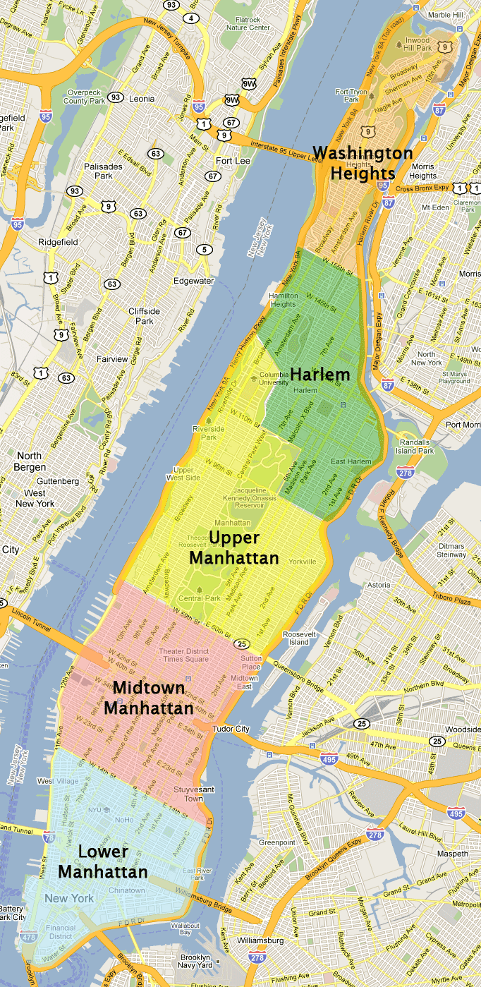 A map of Manhattan - showing The 5 Districts of Manhattan