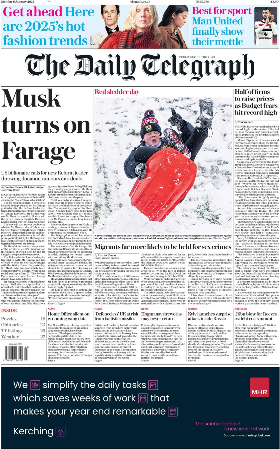 The Daily Telegraph - Musk turns on Farage 