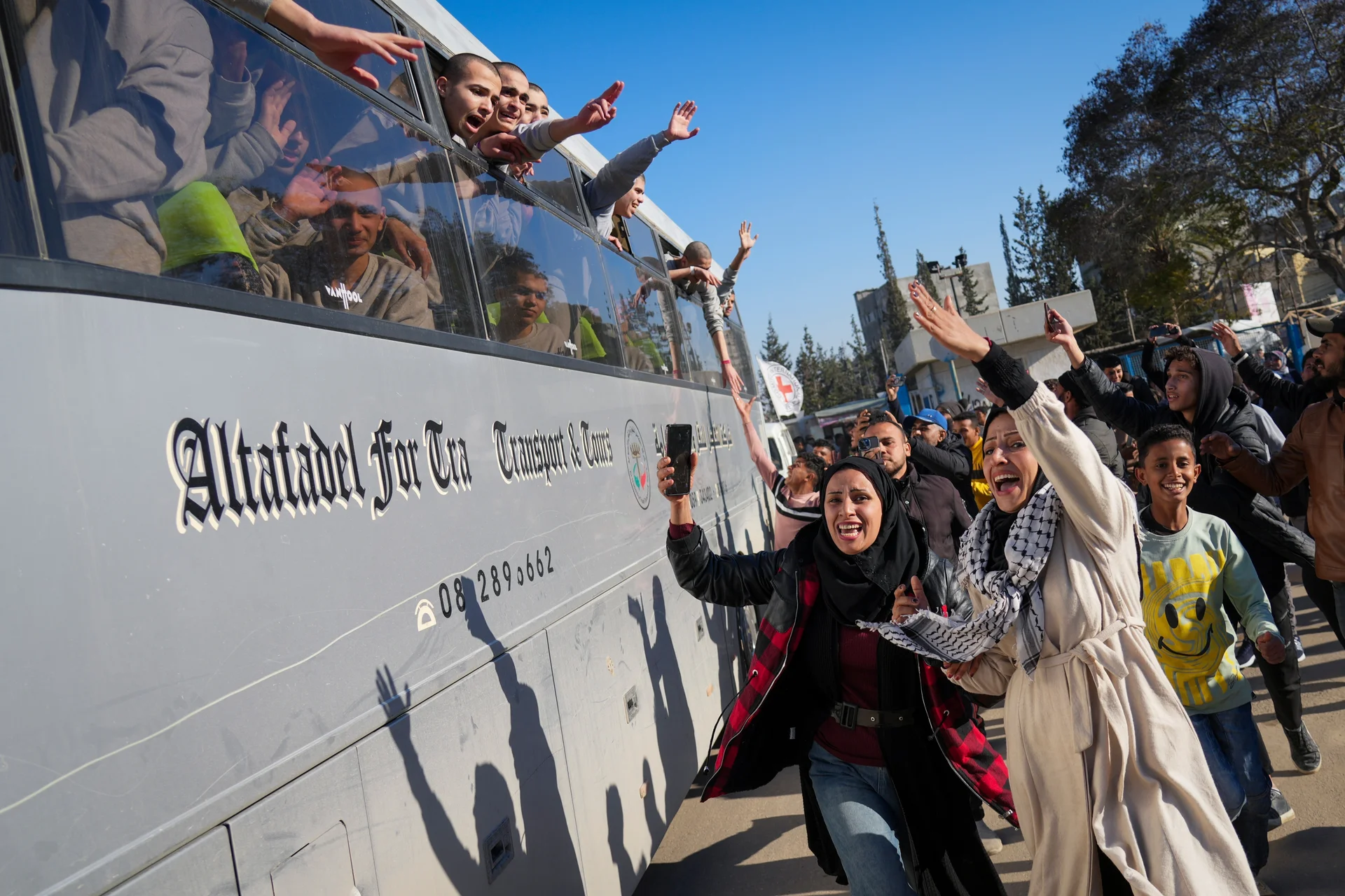 Khan Younis, Gaza
Freed Palestinian detainees are greeted in Khan Younis after being released from an Israeli prison following the ceasefire agreement between Hamas and Israel.