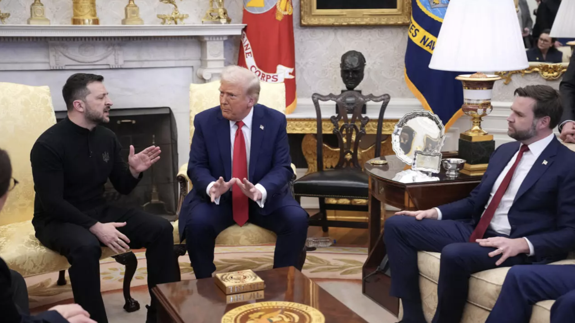 US President Donald Trump and Vice President JD Vance meet with Ukrainian President Volodymyr Zelensky in the Oval Office at the White House on February 28, 2025 in Washington