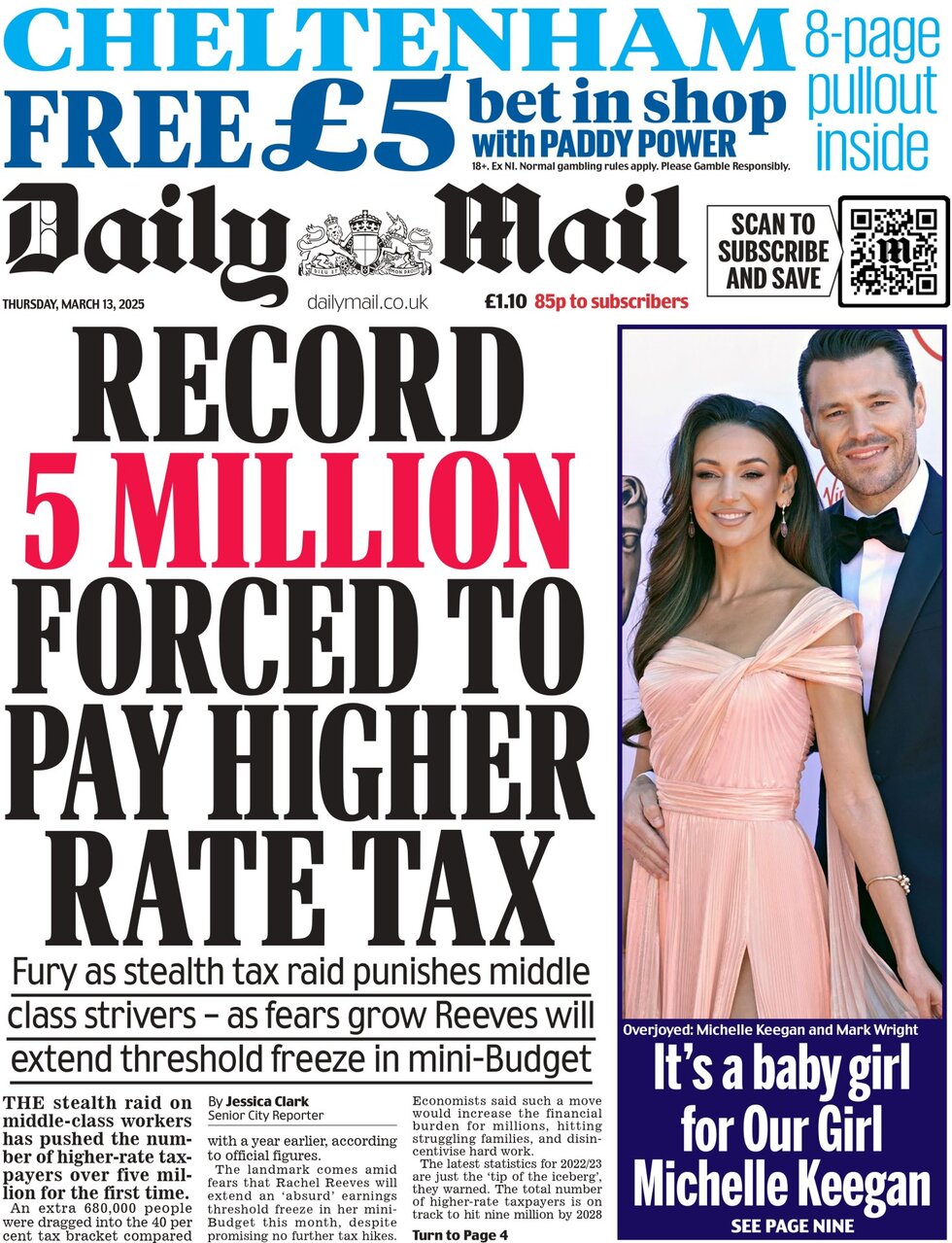 Record 5 million forced to pay higher rate tax which punishes the middle class strivers 