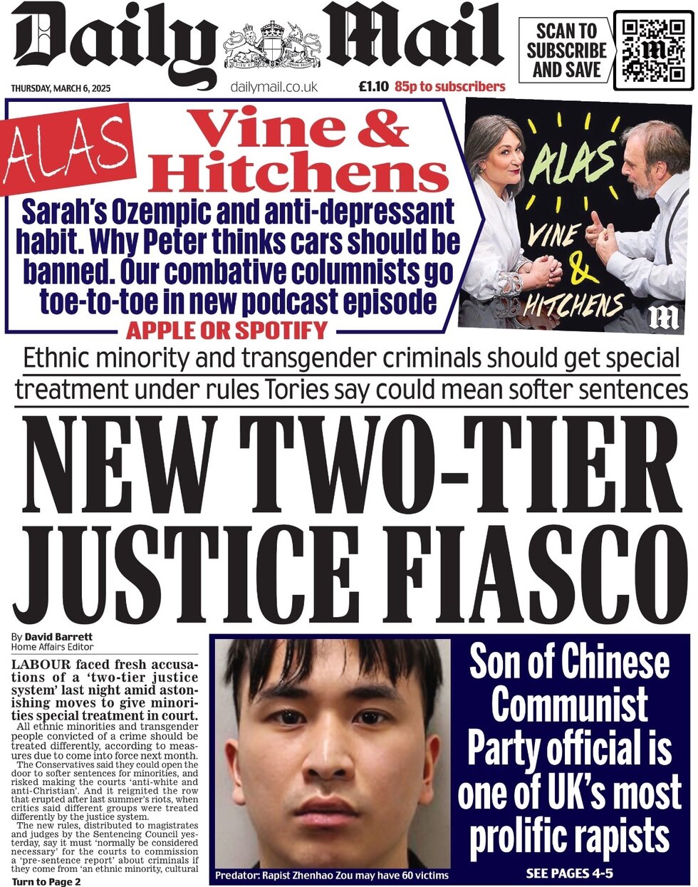 New two-tier justice fiasco reports the Mail which leads on new rules that could mean softer sentences for minorities 