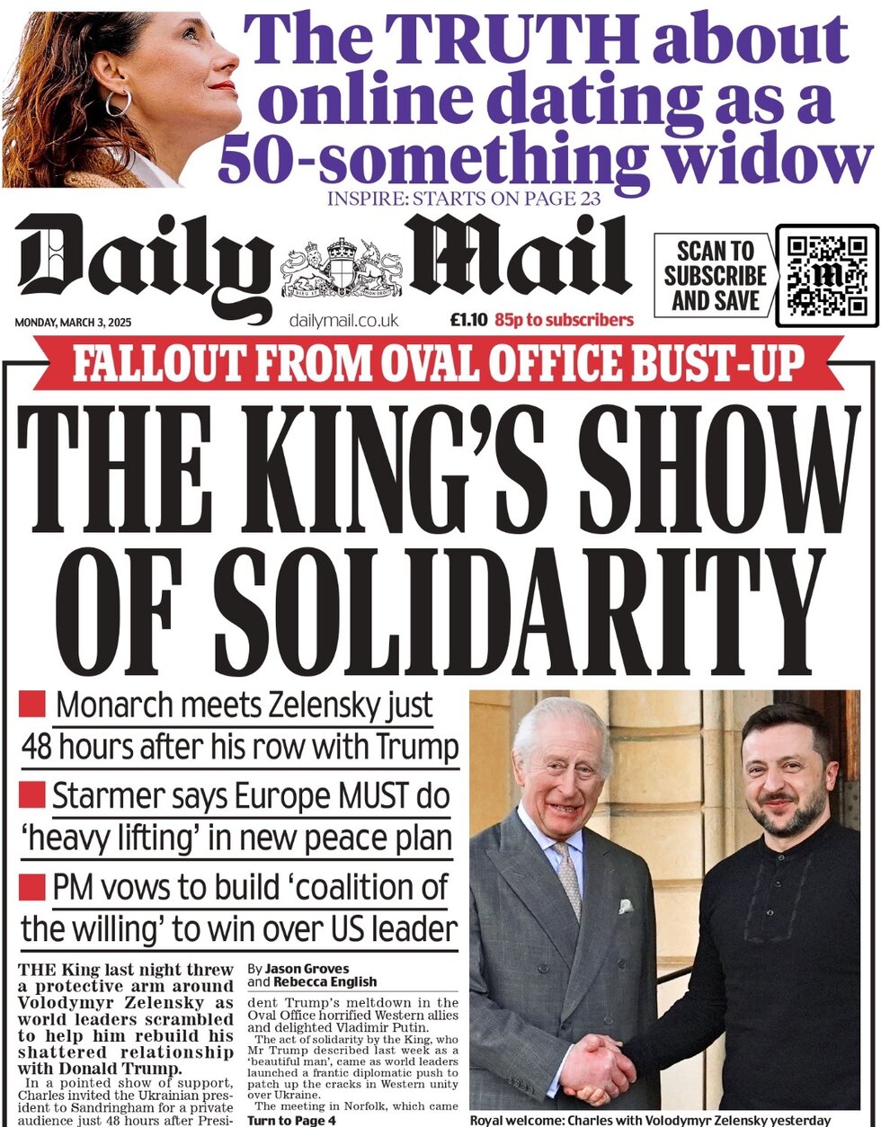 The King's show of solidarity - the Daily Mail leads with King Charles welcoming Zelensky to Sandringham 