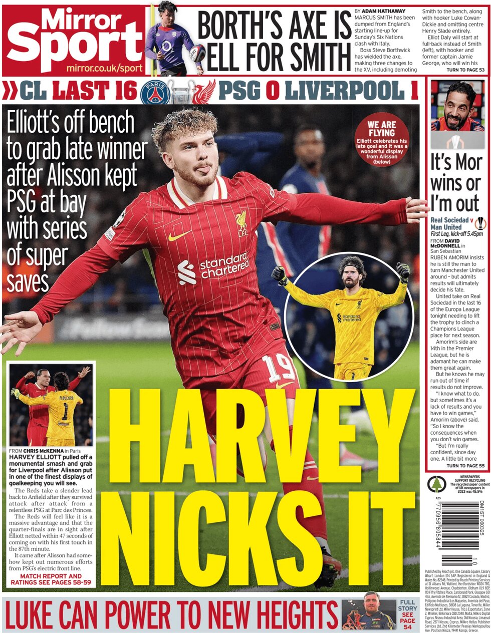 Harvey nicks it - that's the back page of the Mirror which reports on Liverpool's 1-0 win over PSG