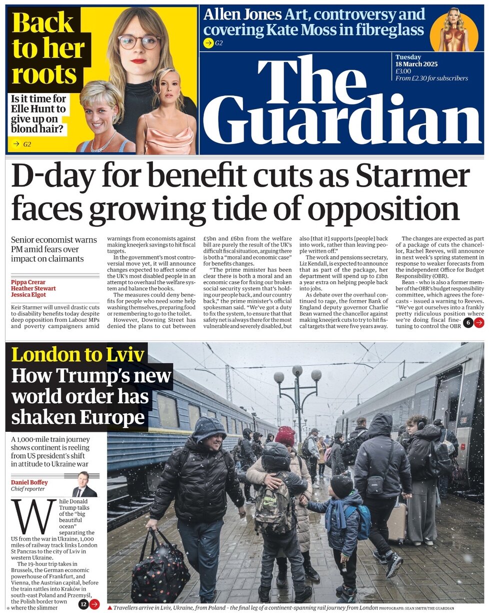 D-day for benefit cuts as Starmer faces growing tide of opposition says The Guardian which reports on today's welfare announcements. 