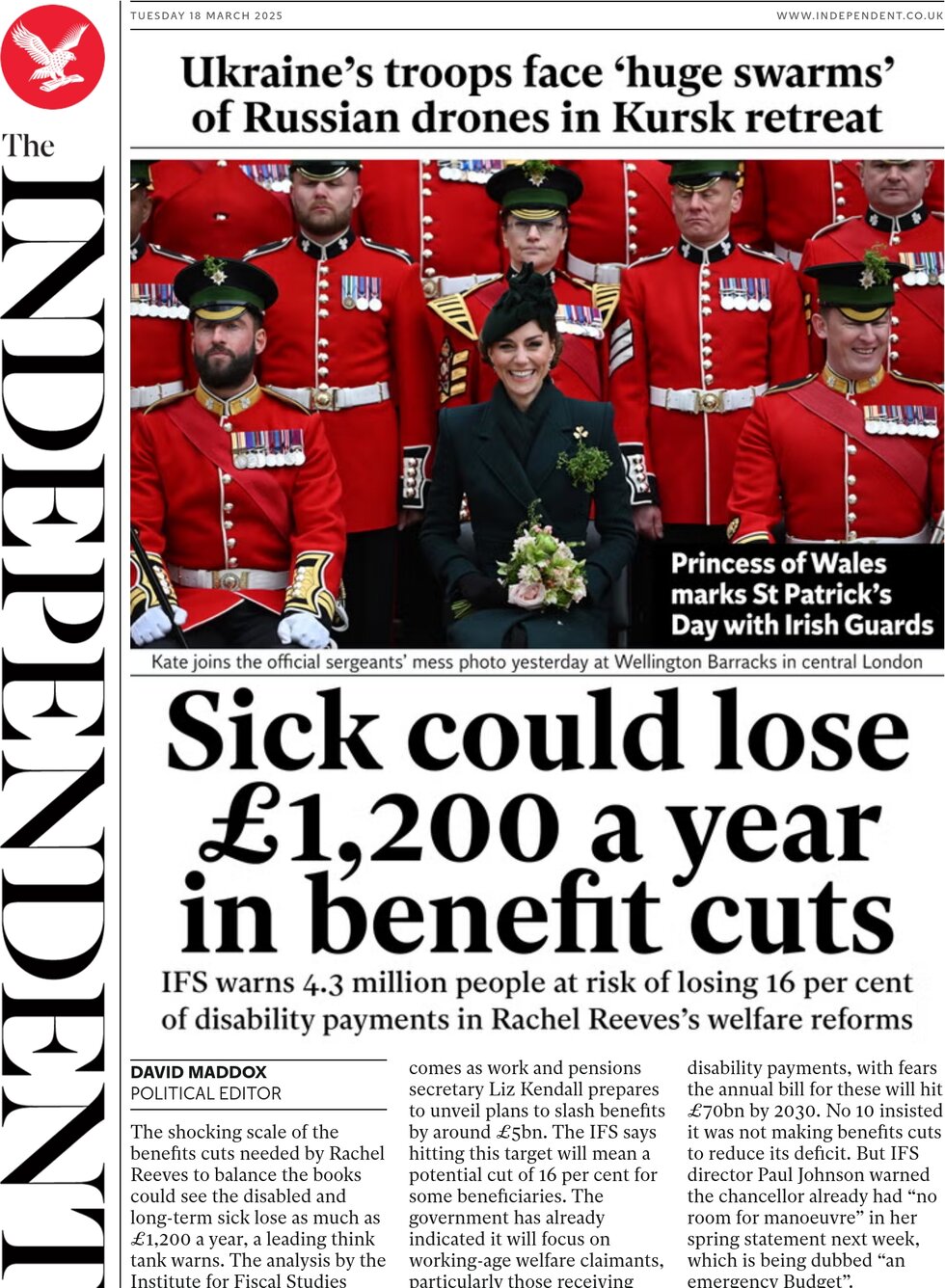 Sick could lose £1,200 a year in benefit cuts says The Independent which reports on the IFS warning that 4 million people are at risk of losing their benefits 