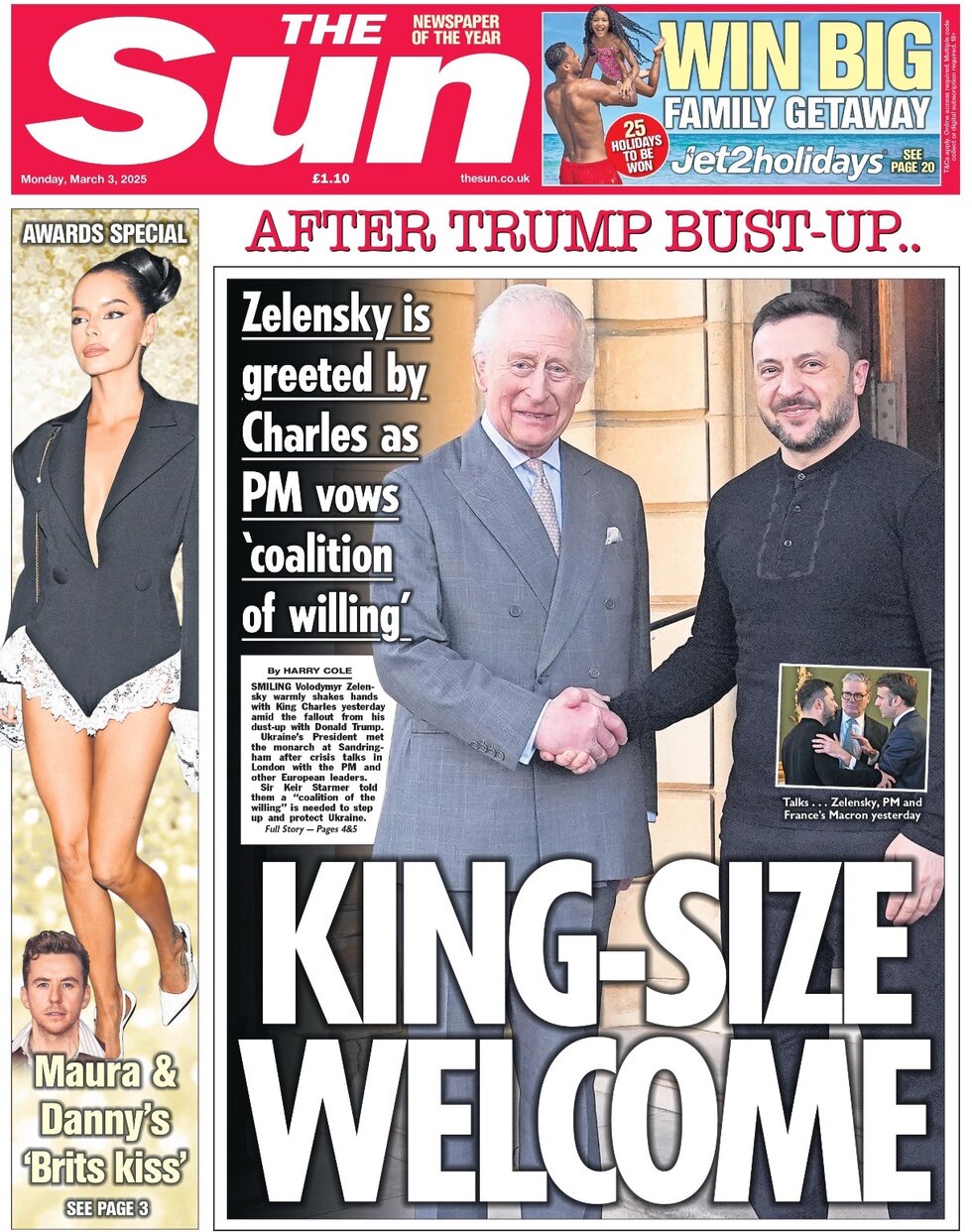 After Trump bust-up ... a King-size welcome. The paper says Zelensky is greeted by the King after the PM vows a coalition of the willing 