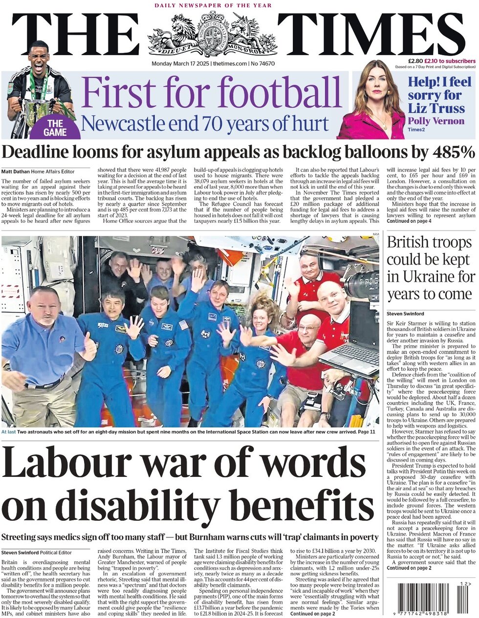 Labour war of words on disability benefits - an interesting take from The Times who offers a more balanced argument reporting Streeting says people are being overdiagnosed but Burnham warns it'll trap the poor into poverty 