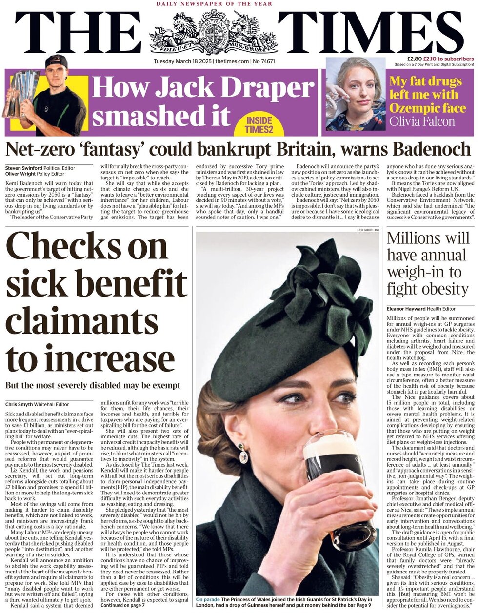 Checks on sick benefit claimants to increase says The Times which goes on to note that the most severely disabled may be exempt 