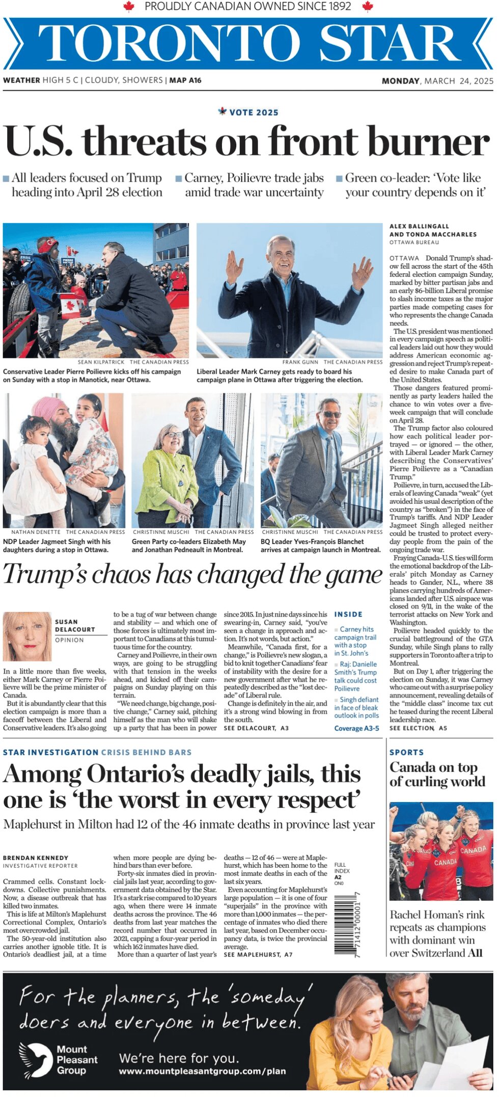 US threats on front burner - Canadian newspaper Toronto Star reacts to the snap election 