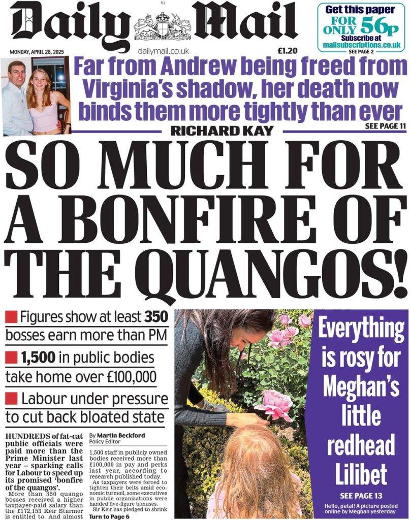 So much for a bonfire of the quangos says the Daily Mail which reports more than 350 quango bosses were paid more than the prime minister last year