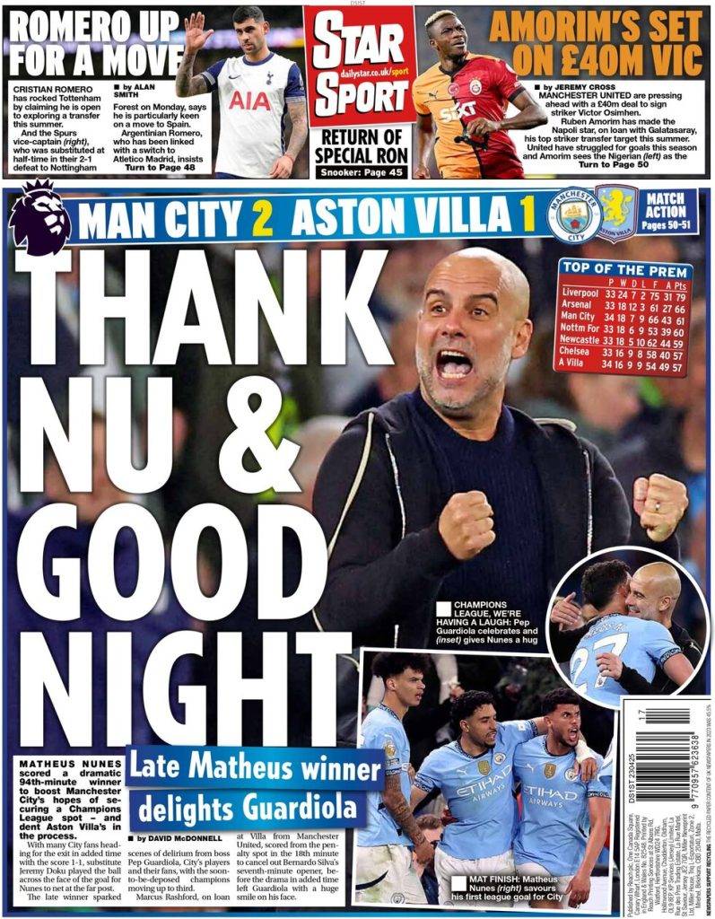 man city 2 Aston villa 1 thank nu and good night