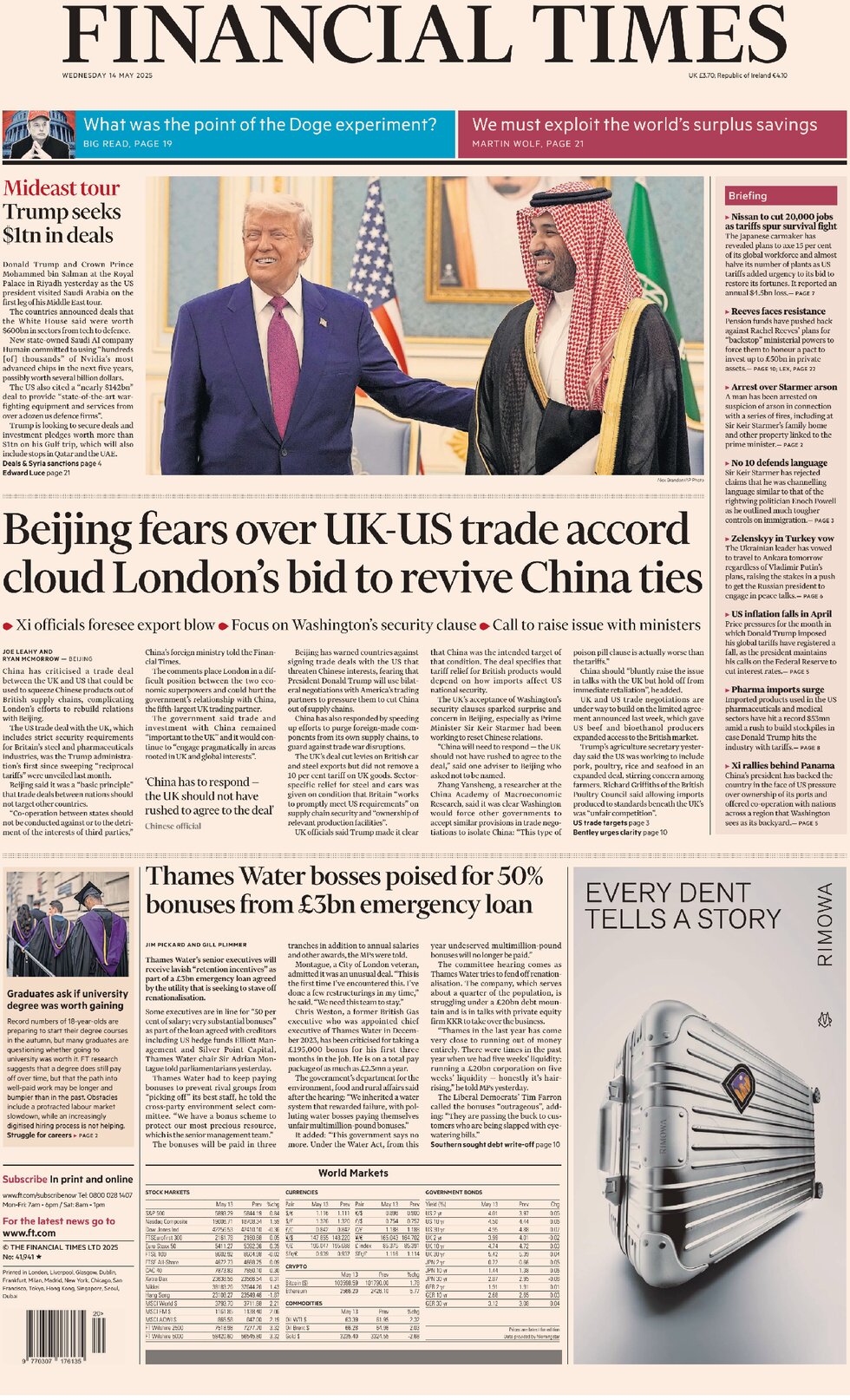 Beijing fears over UK-US trade accord cloud London's bid to revive China ties 1 - WTX News Breaking News, fashion & Culture from around the World - Daily News Briefings -Finance, Business, Politics & Sports News Beijing fears over UK-US trade accord cloud London's bid to revive China ties - Donald Trump's meeting with the Saudis on his middle eastern tour is pictured on the front page