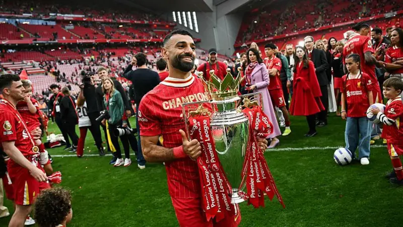 Mo Salah pictured in Anfield with the Premier League Trophy. Liverpool's title celebrations after Sunday's games against Crystal Palace