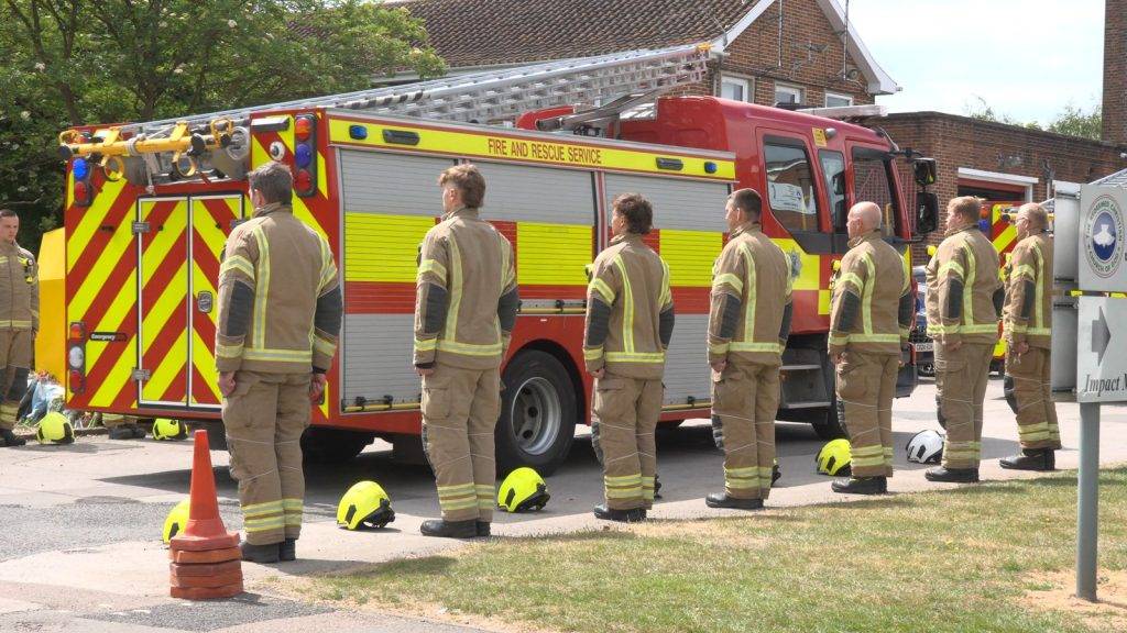 Firefighters form guard of honour after two colleagues and business owner die in Bicester blaze