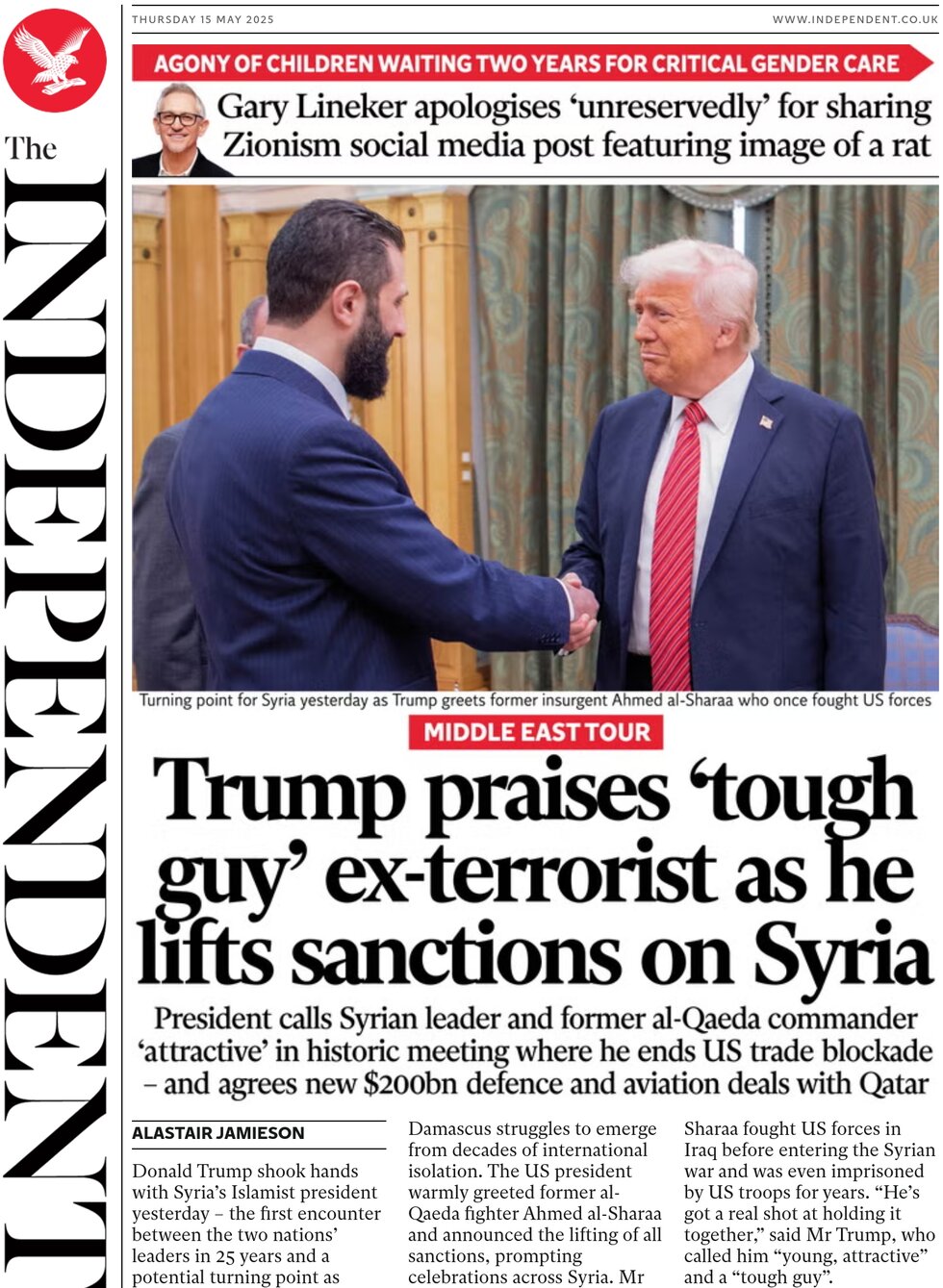 Trump praises tough guy ex-terrorist as he lifts sanctions on Syria