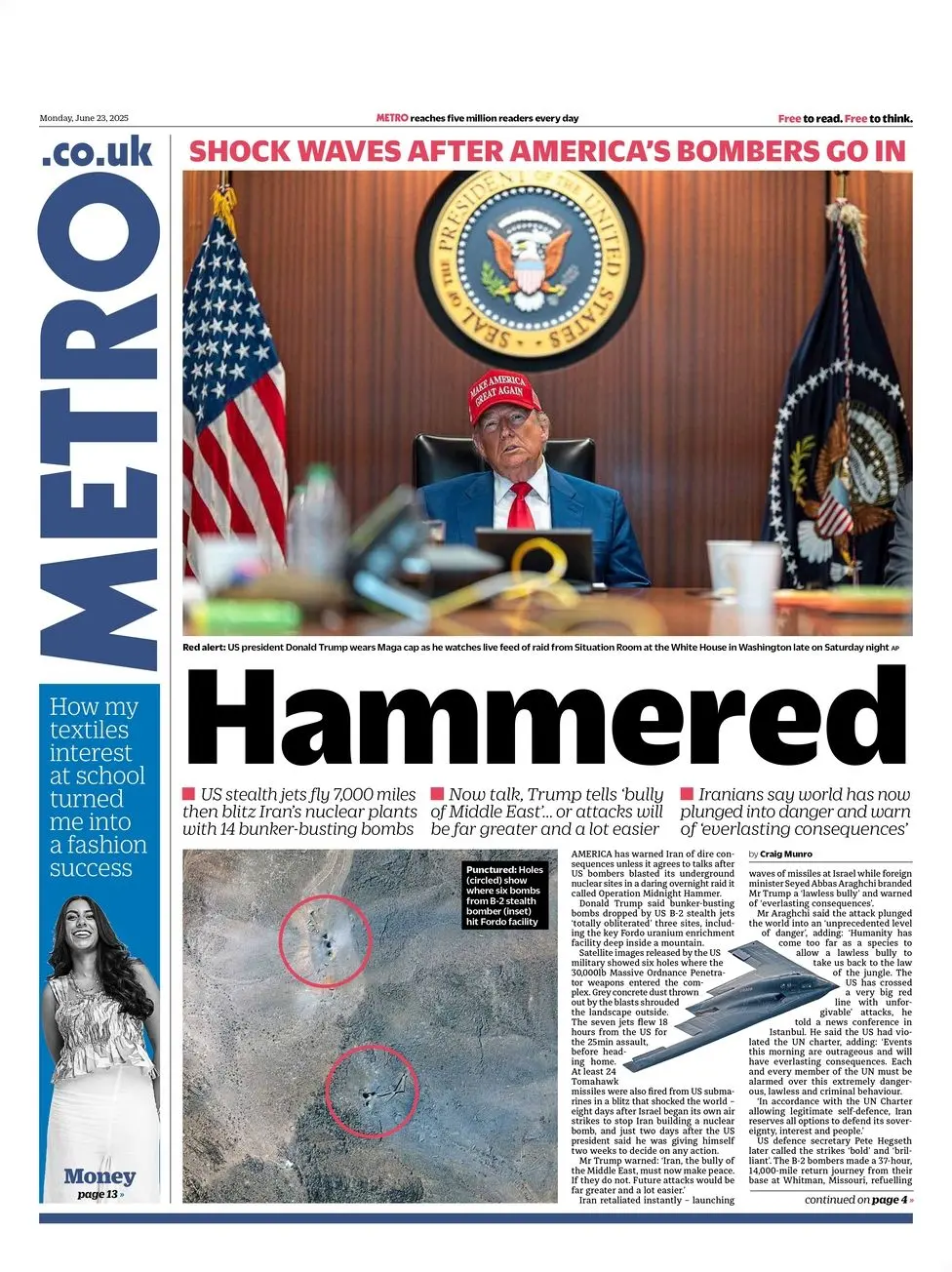Hammered : US stealth jets fly 7,000 mile-then blitz Iran's nuclear plant with 14 bunker-busting bombs