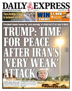 Trump: Time for peace after Iran's very weak attack says the front page of the Daily Express which leads on the latest from the Middle East 