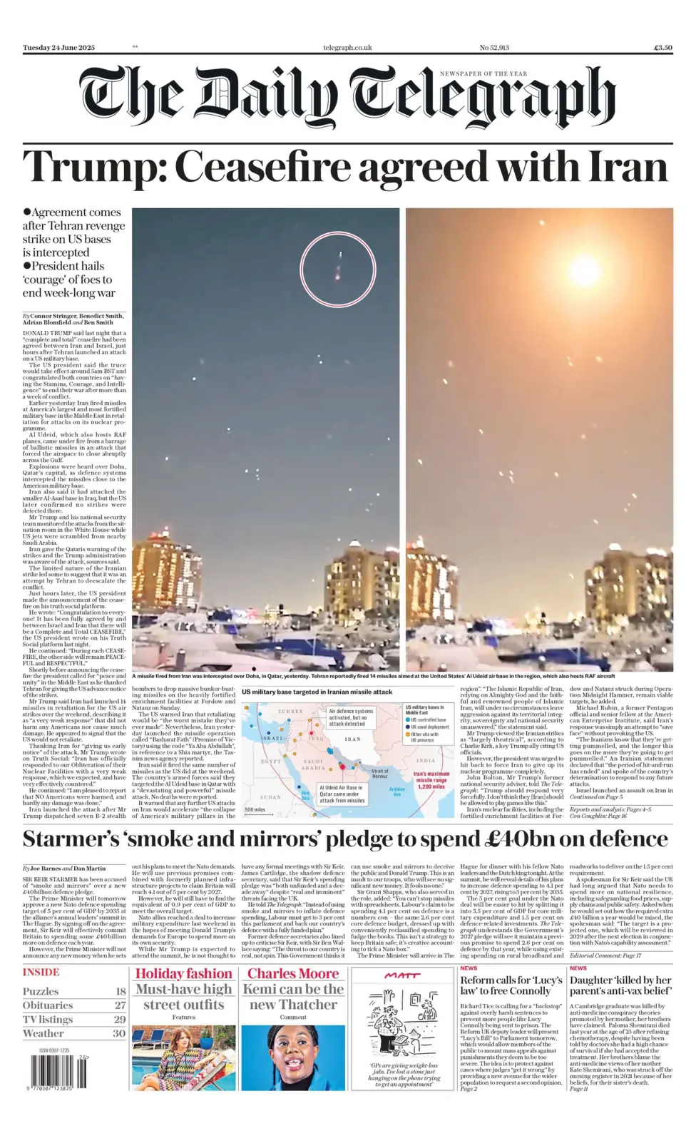 Trump: ceasefire agreed with Iran says the front page of the Daily Telegraph 