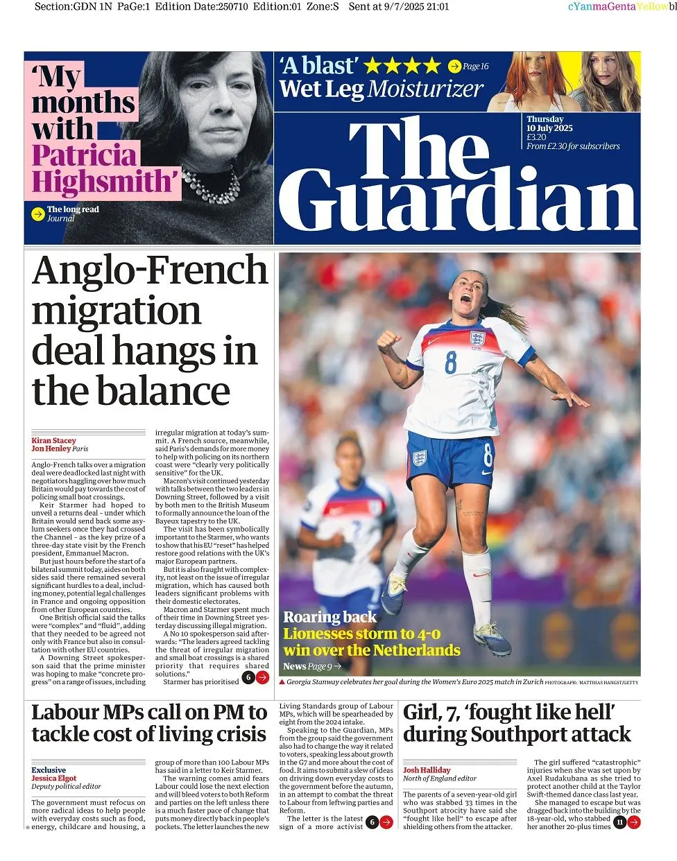 anglo-french migration deal hangs in the balance says the guardian which also features an image of England's lionesses after thrashing the Dutch in last night's euro 2025 match