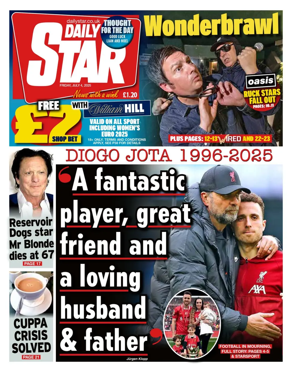 A fantastic player, great friend and a loving husband' the paper quotes for Liverpool boss Jurgen Klopp - who signed Diogo Jota in 2020