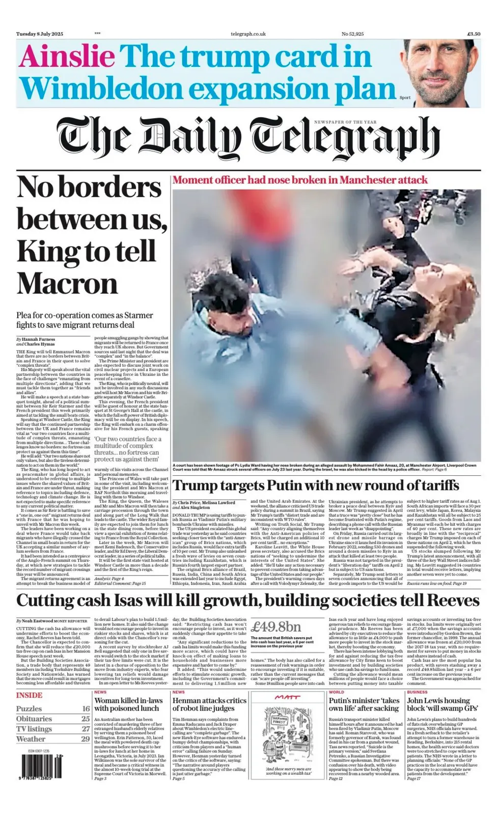 no borders between us, king to tell macron leads the front page of the daily telegraph