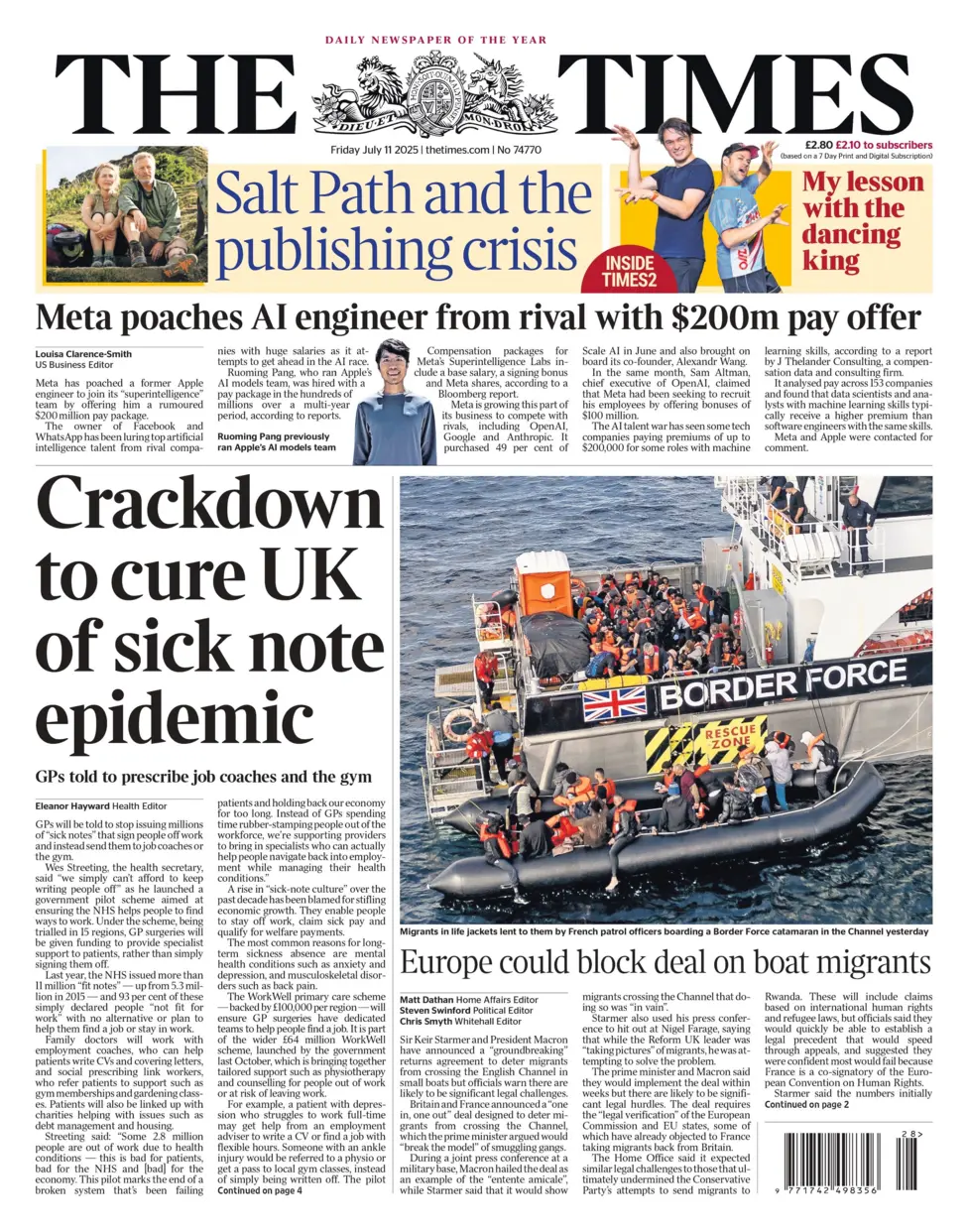 crackdown to cure uk of sick note epidemic sasy the headline on the front page of the times.