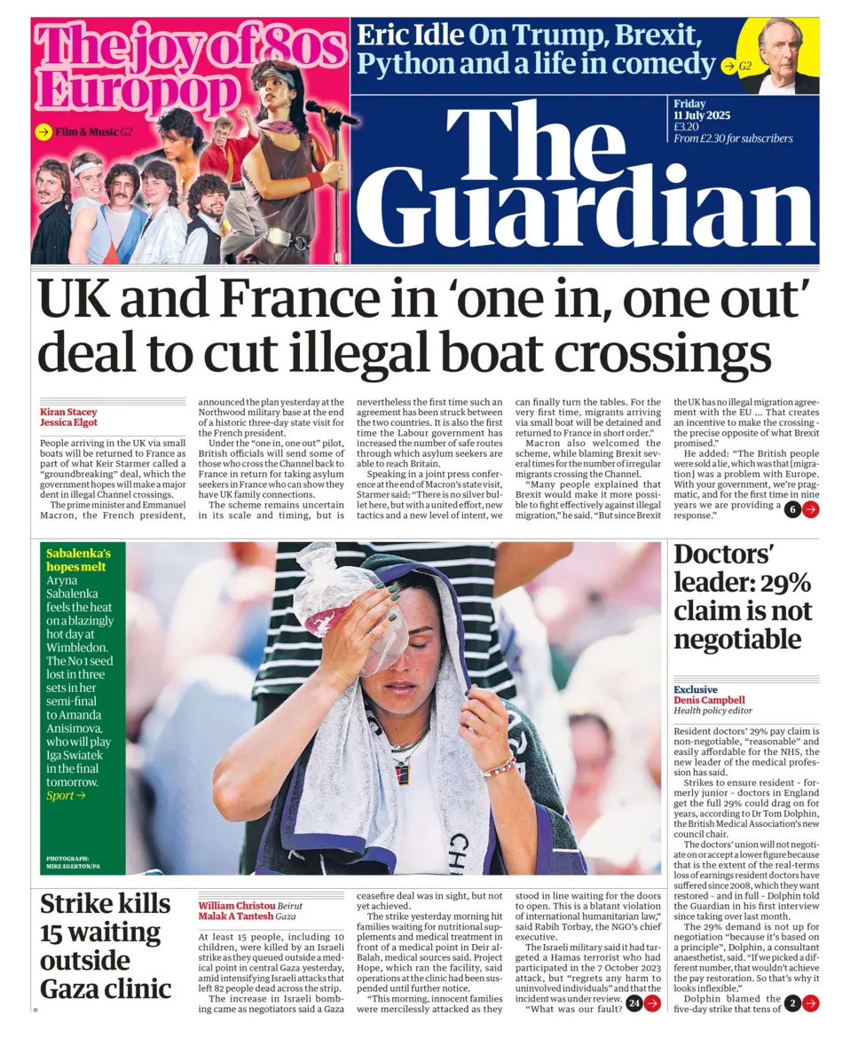 uk and france in one in one out deal to cut illegal boat crossings says the front page of the guardian
