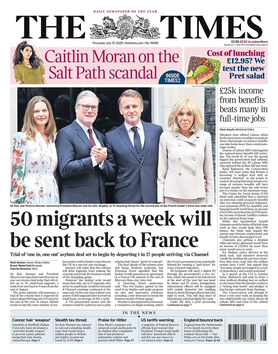 50 migrants a week will be sent back to france says the Times which features an image of the prime minister and Macron outside No 10