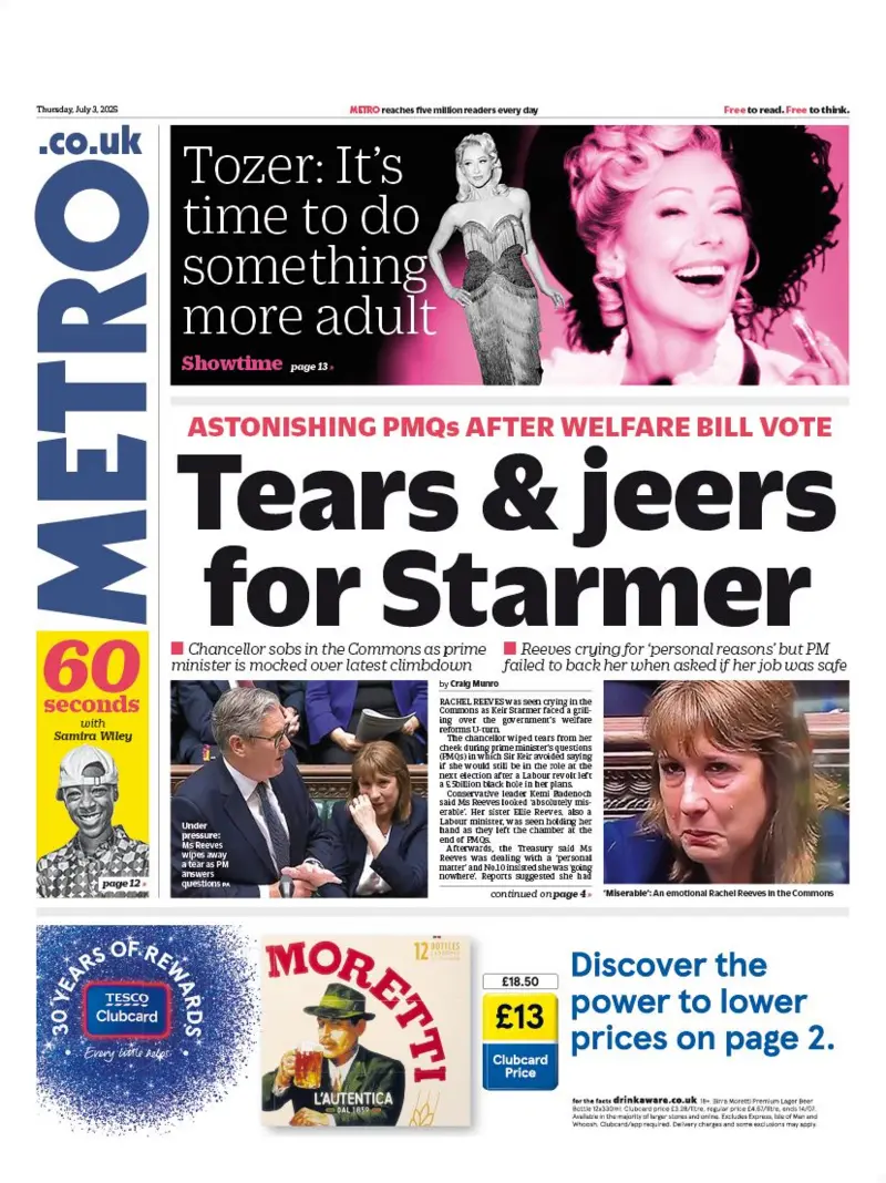 Tears and jeers for Starmer says the front page of the Metro which covers the PMQs fiasco