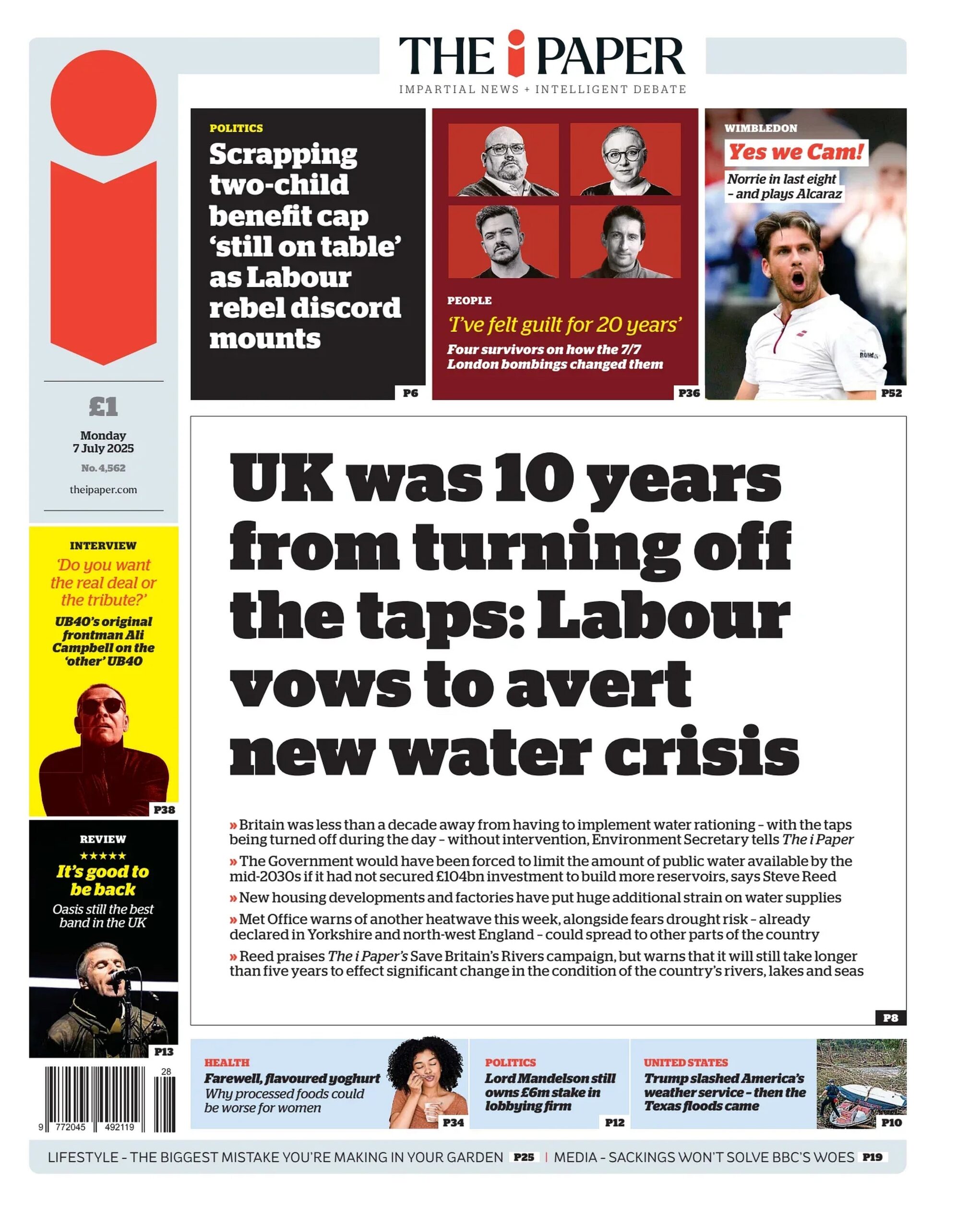 Uk was 10 years from turning off the taps: Labour vows to avert new water crisis leads the i newspaper