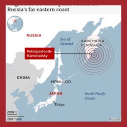 A map of the Powerful 8.8-magnitude earthquake causes tsunami in Russia