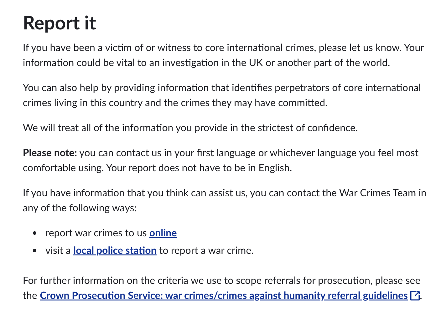 Reporting a war crime or genocide in the UK