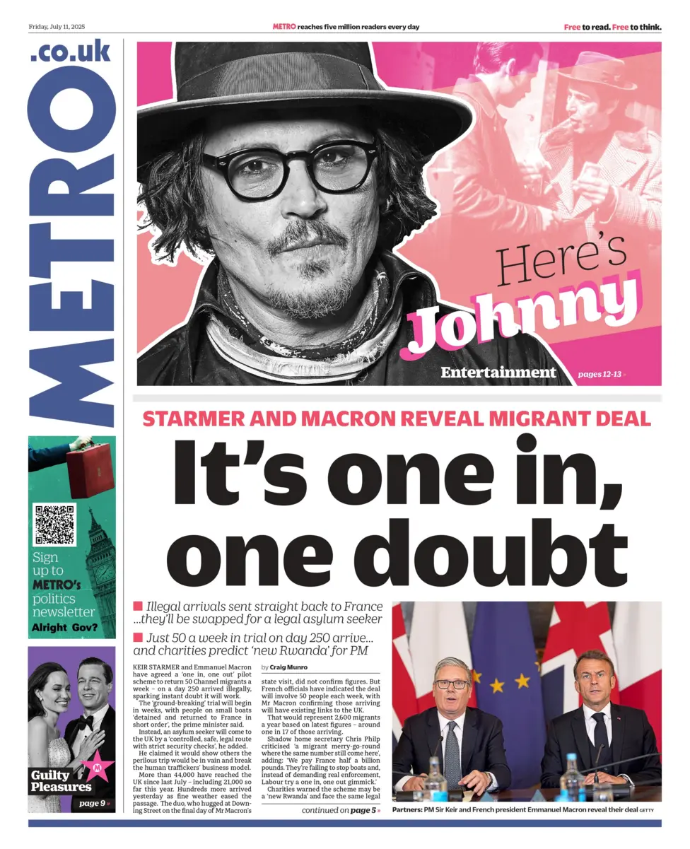 starmer and macron reveal migrant deal: it's one in, one doubt says the metro