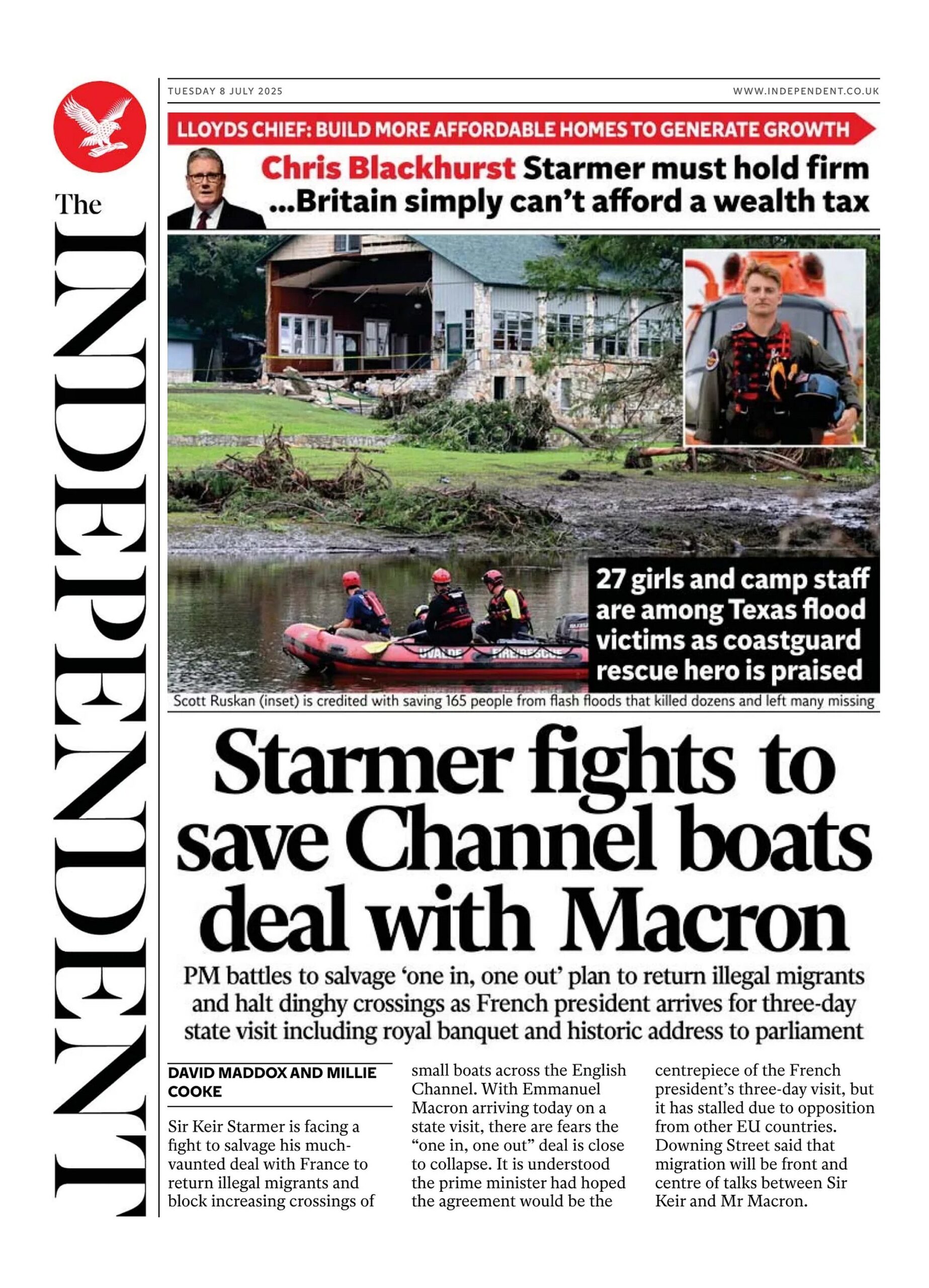 starmer fights to save channel boats deal with Macron says the front page of the independent