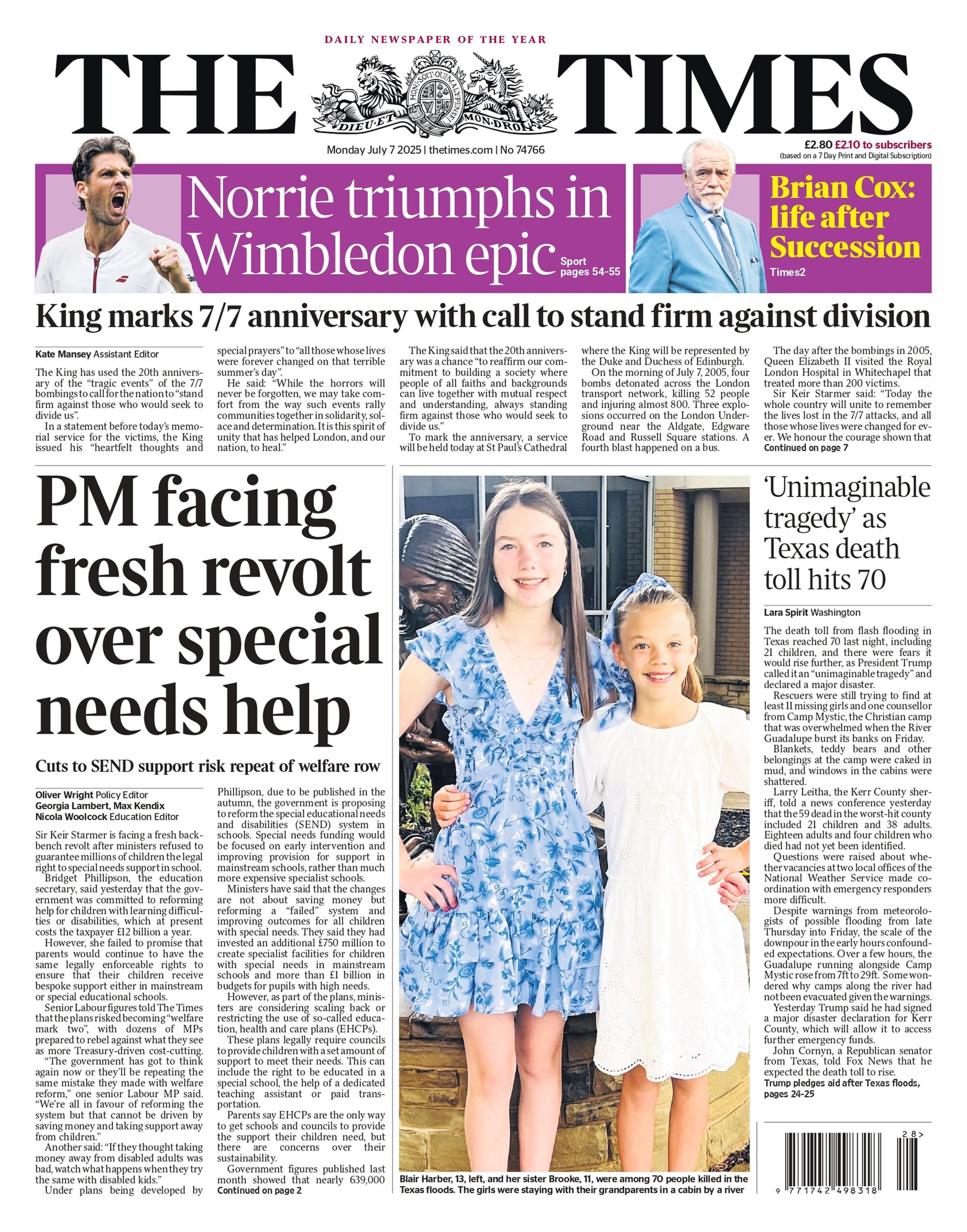 PM facing fresh revolt over special needs help says The Times newspaper front page