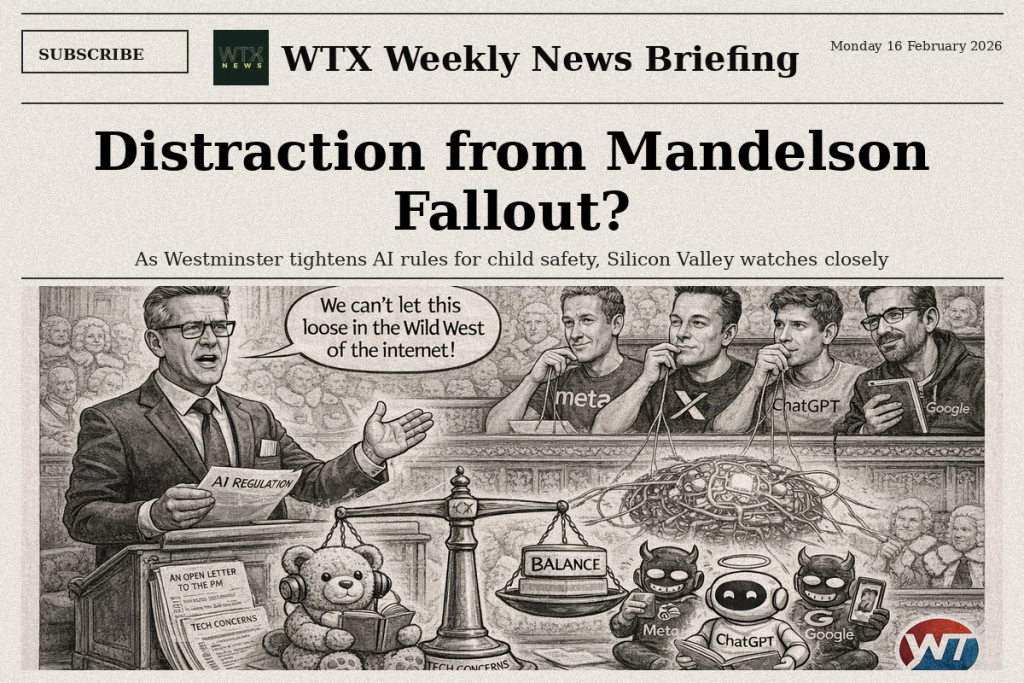 Political cartoon in the House of Lords showing UK AI safety debate with tech CEOs watching and a teddy bear symbolising child protection.