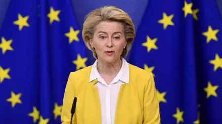 Pictured at centre stage at the EU council podium; Ursula von der Leyen faces backlash over EU's response to Iran
