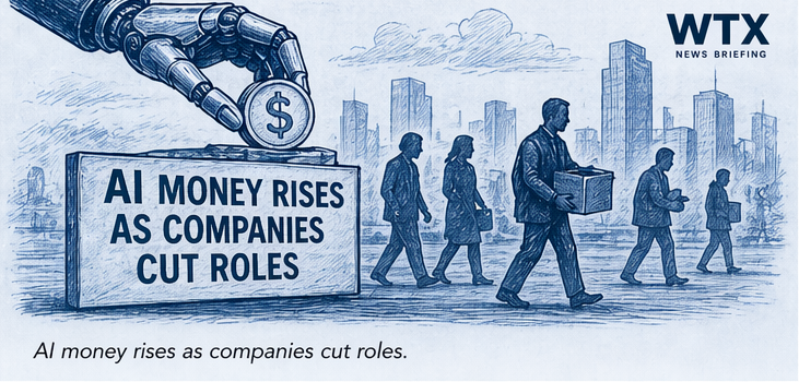 A Cartoon showing how AI money rises as companies cut roles.