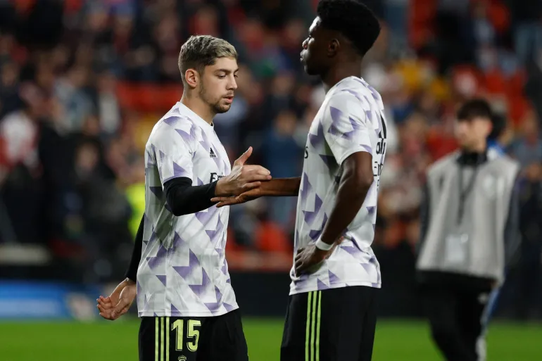 Real Madrid's Federico Valverde and Aurelien Tchouameni during the warm up