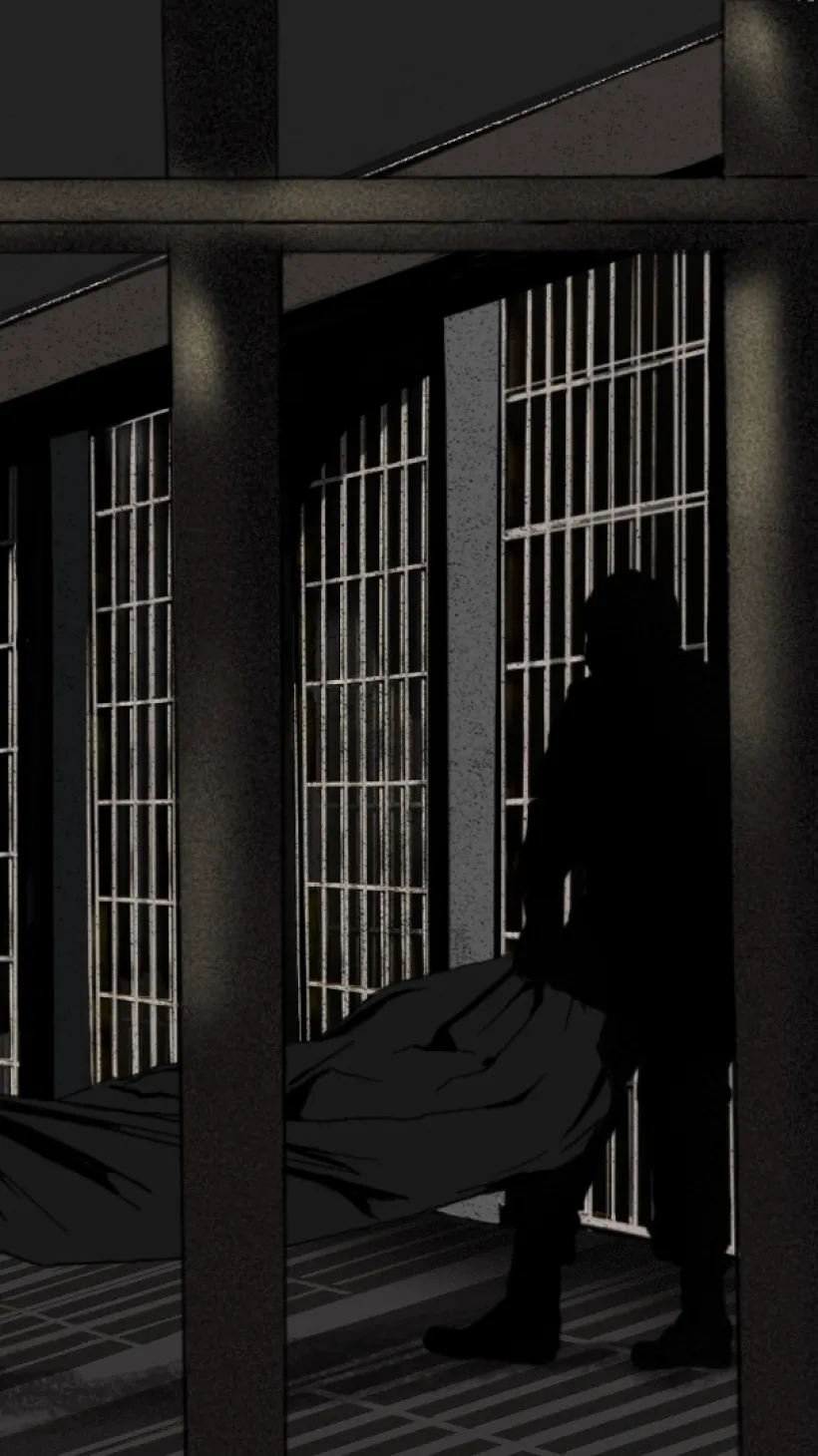 An illustration of a body bag being removed among the cells at New Jersey State Prison [Jawaher Al-Naimi/WTX News]