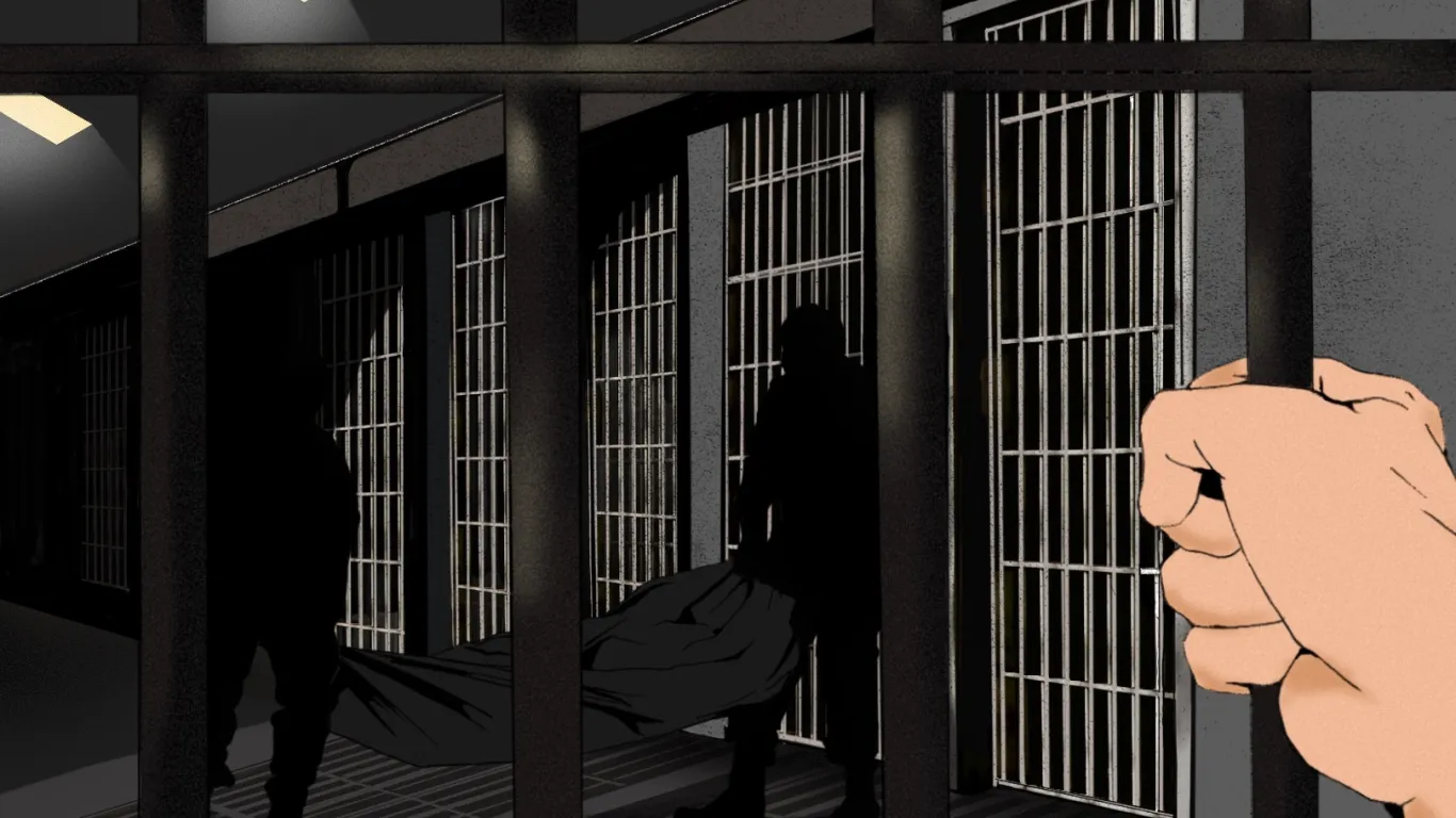 An illustration of a body bag being removed among the cells at New Jersey State Prison [Jawaher Al-Naimi/WTX News]