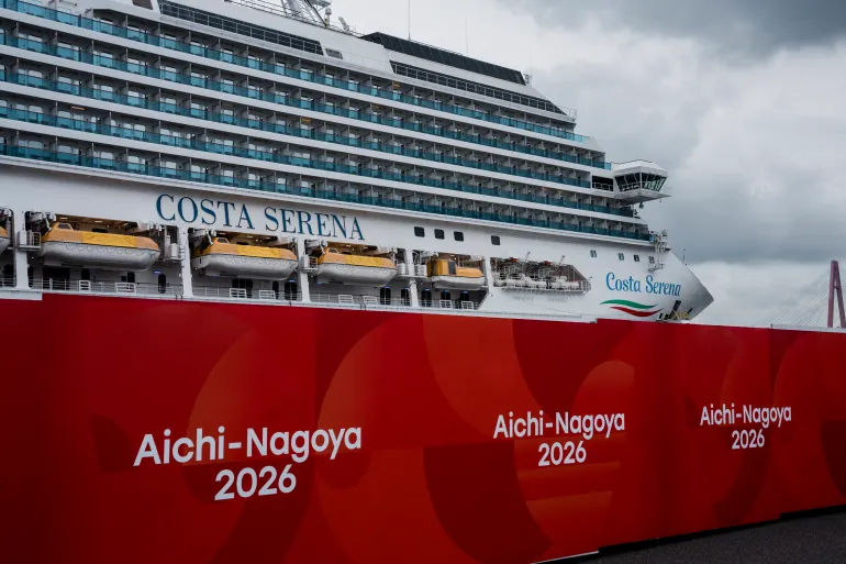 The Costa Serena, a 290-metre-long cruise ship that will be used as an accommodation facility for athletes and officials during the 2026 Asian Games, is seen at the Port of Nagoya in Nagoya, Aichi prefecture on September 15, 2026. (Photo by Fred Mery / AFP)