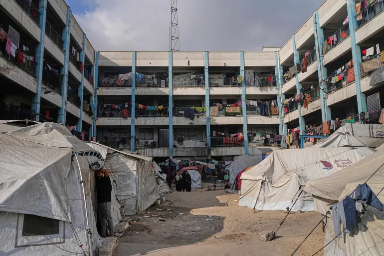 Displaced Palestinians live in a school run by UNRWA on Monday, June 23, 2025. Hundreds of UNRWA schools were destroyed or damaged in Israeli attacks