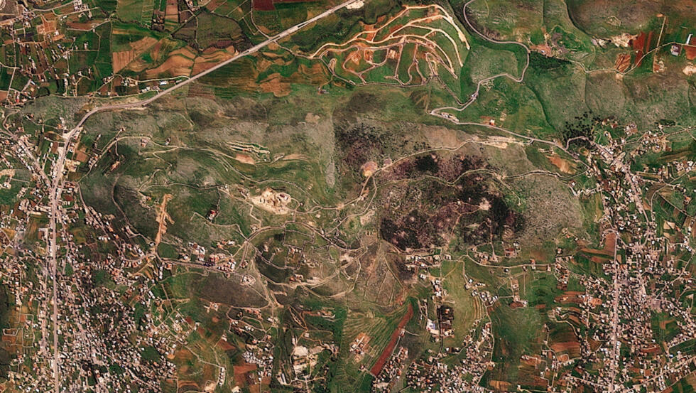 A satellite image shows damage at the Ali al-Taher ridge near Nabatiah, Lebanon, March 8, 2026