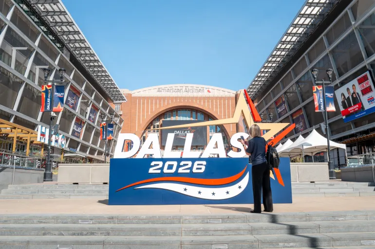 DALLAS, TEXAS - SEPTEMBER 07: A person takes pictures of signage during preparation for the Republican National Committee (RNC) Midterm Convention at the American Airlines Center on September 07, 2026 in Dallas, Texas. The 2026 RNC will be the first national Republican convention held during a midterm election year. President Donald Trump is expected to attend alongside Vice President JD Vance and a host of Republican leaders. Brandon Bell/Getty Images/AFP (Photo by Brandon Bell / GETTY IMAGES NORTH AMERICA / Getty Images via AFP)